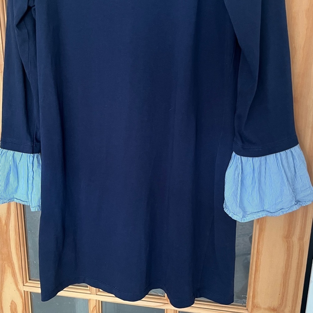 Beachlunchlounge Navy Blue Cotton shift dress w/ striped ruffle sleeve sz Large - Picture 9 of 9
